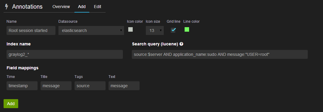 Add annotation with specific settings for Graylog2 query